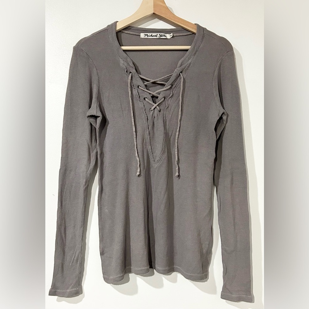 Michael Stars Waffle Knit‎ Thermal Lace Up Top Taupe One Size OS